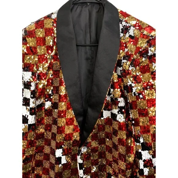 S Mens Sequin Checkered Blazer Tux Jacket Satin Lapel By Doohoob London Design